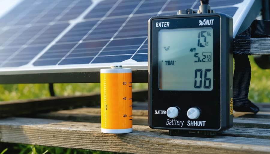 Close-up of battery shunt monitor with copper cable connections