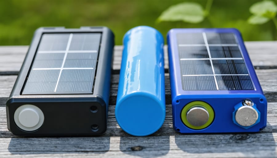 Overhead view of various batteries on workbench with solar equipment
