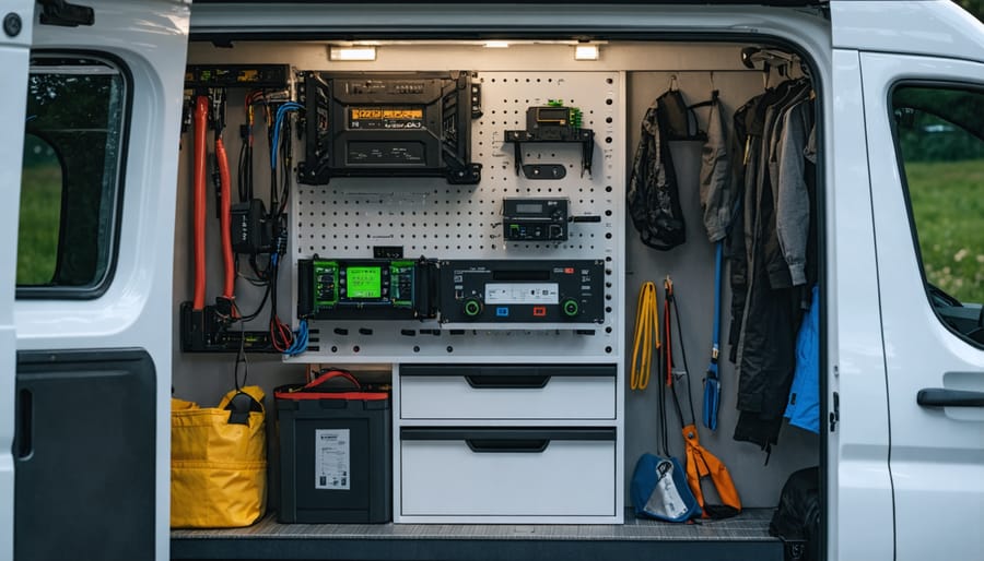Interior view of camper van showing neatly installed electrical components