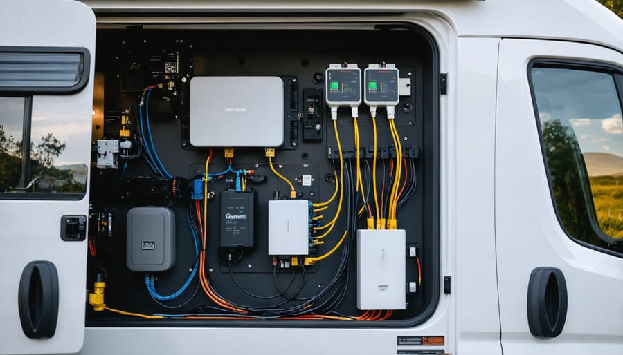 Warmly lit camper van interior showing working electrical system at dusk
