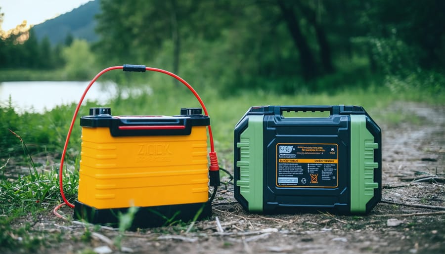 Solar battery bank and panel setup at outdoor camping location