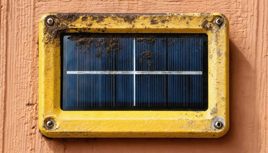 Close-up of corroded battery terminals showing oxidation damage inside solar light