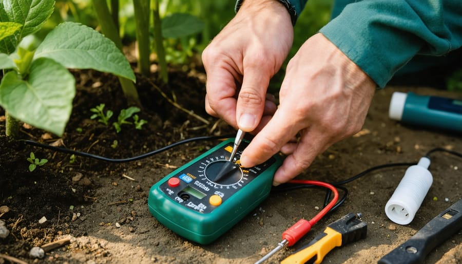 Hands testing a AA NiMH rechargeable battery from a disassembled solar garden path light with a multimeter, with the solar panel top, small screws, microfiber cloth, and other solar lights softly blurred in a garden background, no visible text or logos.