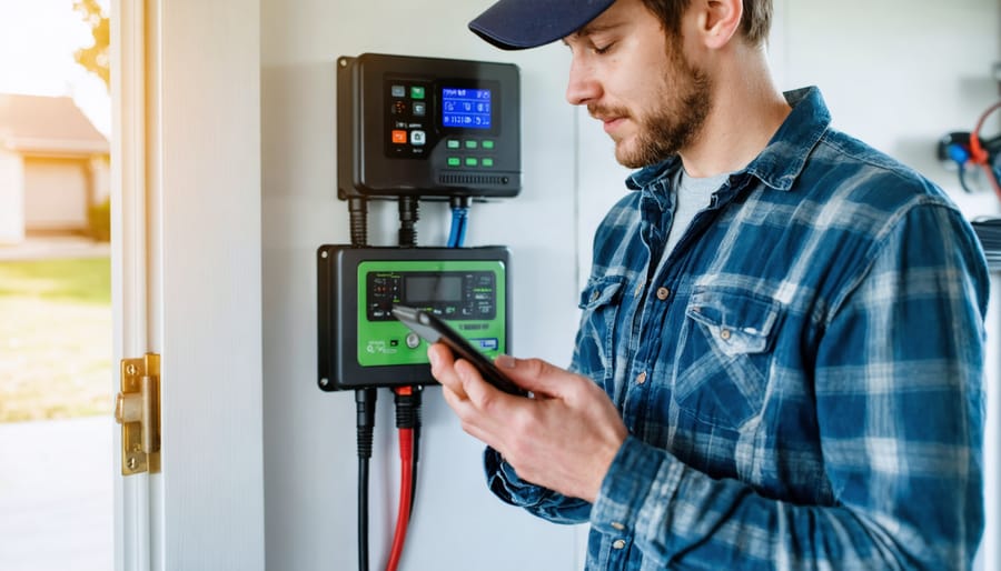 DIY homeowner in a garage holds a smartphone while inspecting a wall-mounted solar charge controller and inverter, with a tidy battery bank and rooftop panels softly blurred in warm evening light.