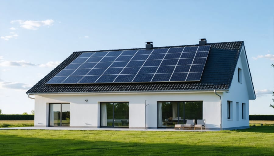 Contemporary zero energy house featuring solar panels, large windows, and energy-efficient architecture