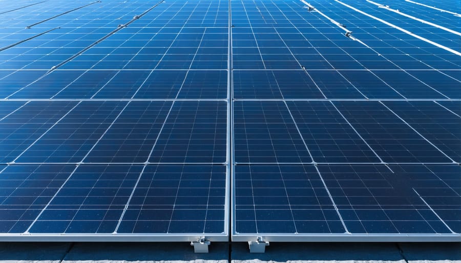 Rooftop solar panel installation with multiple rows of black panels
