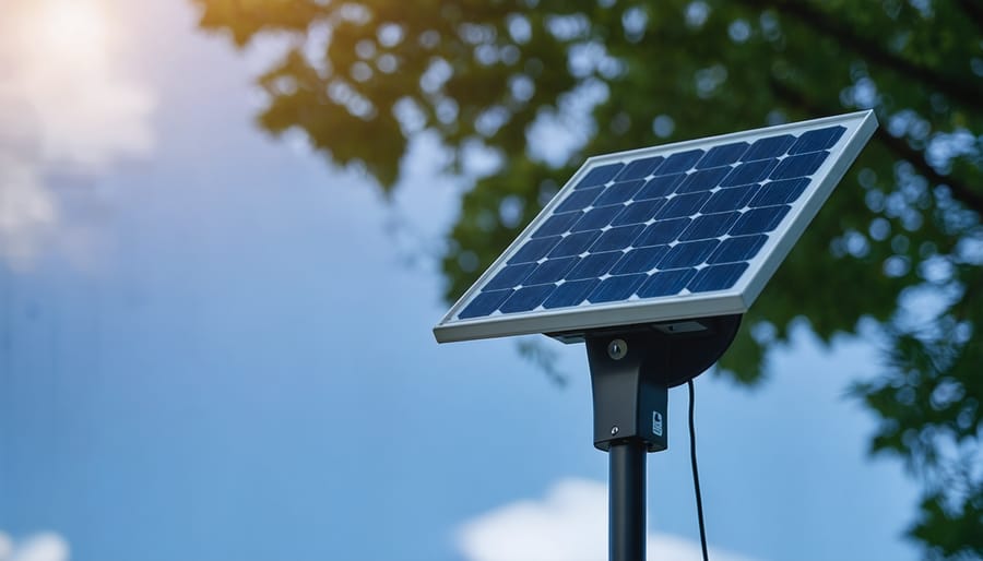 Hand holding replacement battery next to opened solar light showing battery compartment