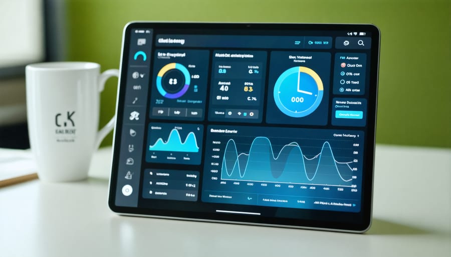 Smart home energy management system displaying real-time energy usage and solar production statistics