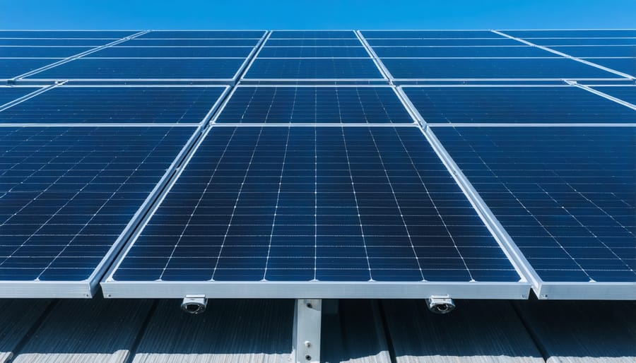 Rooftop solar panel array showing electrical connections and wiring between panels