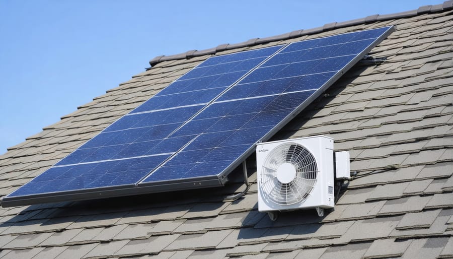 Solar-powered attic fan mounted on dark residential roof shingles