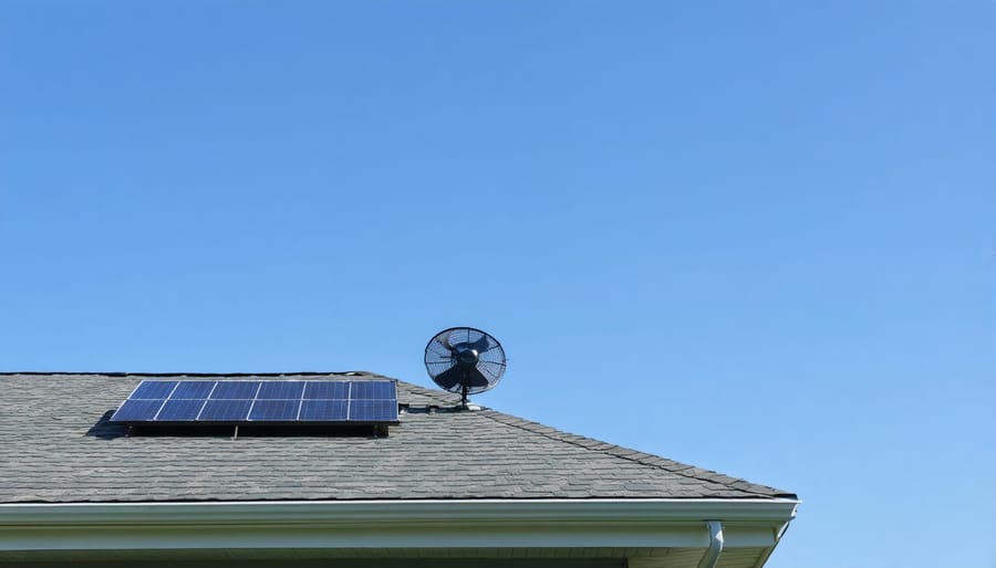 "Solar attic fan installed on a residential roof, photographed on a clear day with nearby houses in the background"
