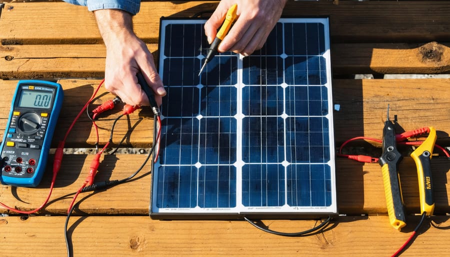 Hands place multimeter probes on two deep-cycle batteries wired in series on a wooden workbench, with a folding solar panel and coiled cables softly blurred in the background under warm afternoon light.