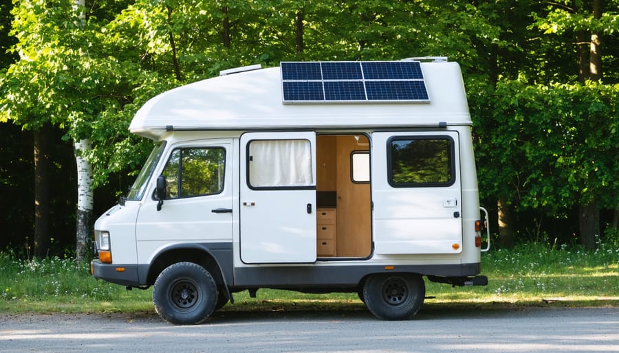 Camper van with roof-mounted solar panels parked in natural setting