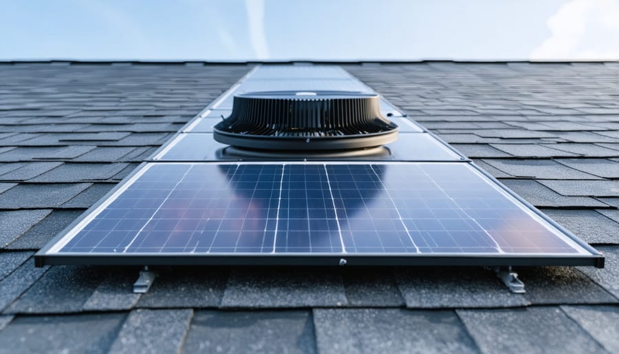 Professional roofer installing solar attic fan on residential roof