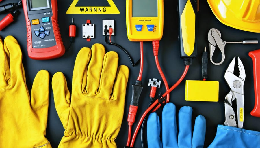Essential safety equipment for solar inverter maintenance including electrical gloves, insulated tools, and voltage tester
