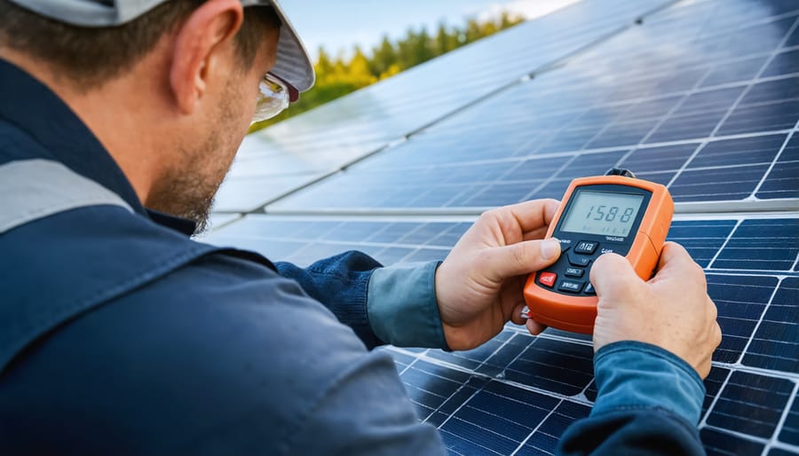 Technician using solar meter to take measurements on rooftop installation