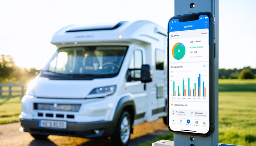 Solar charge controller with smartphone displaying monitoring app