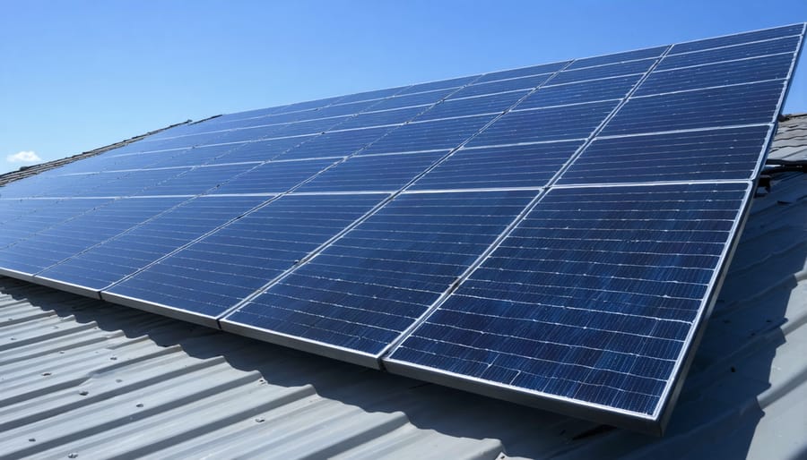 Rooftop solar panel array with visible optimizer units mounted behind panels