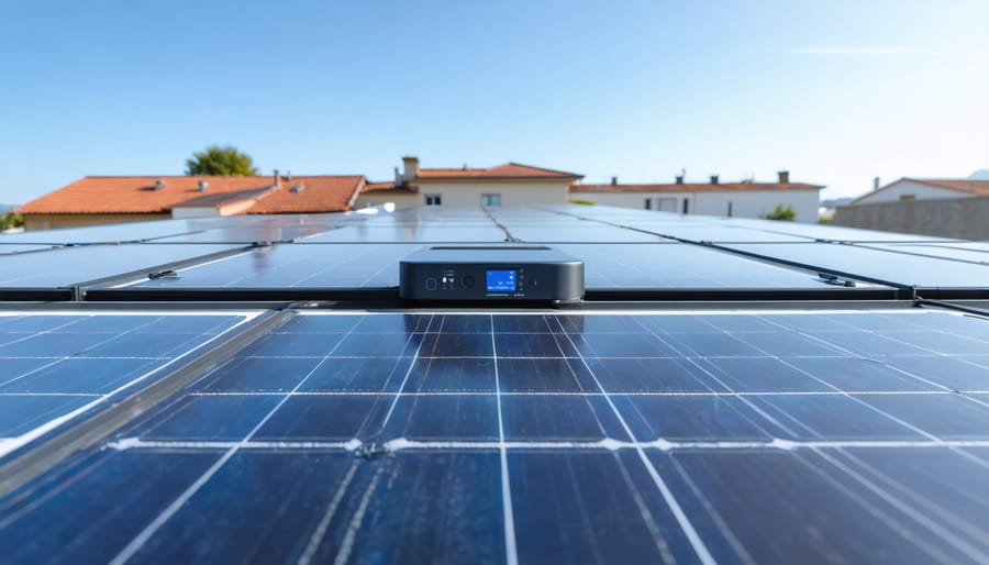 "Close-up of a solar optimizer attached to a rooftop solar panel, with additional panels visible in the background."