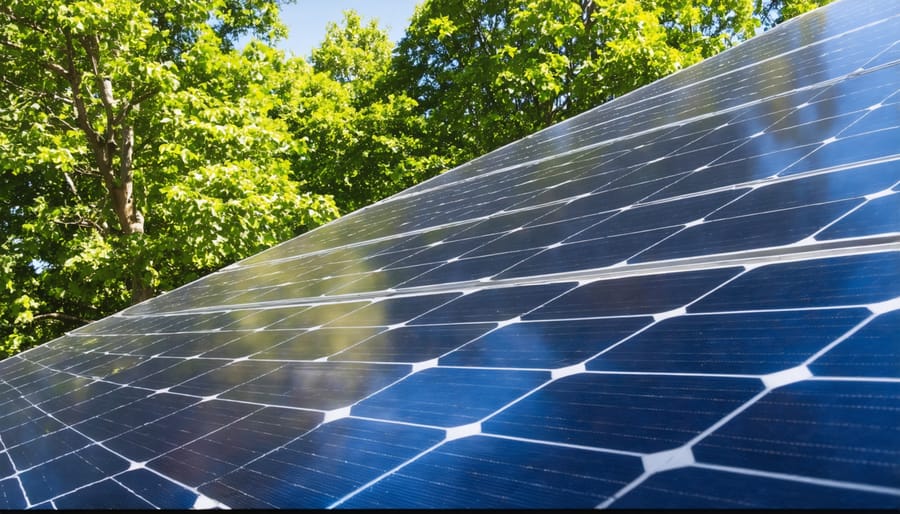 Solar panels with tree shadows casting uneven shade patterns across surface