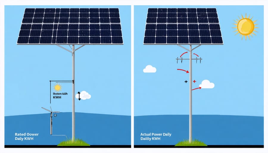 Infographic comparing theoretical 400W rating to real-world daily kWh generation across different conditions