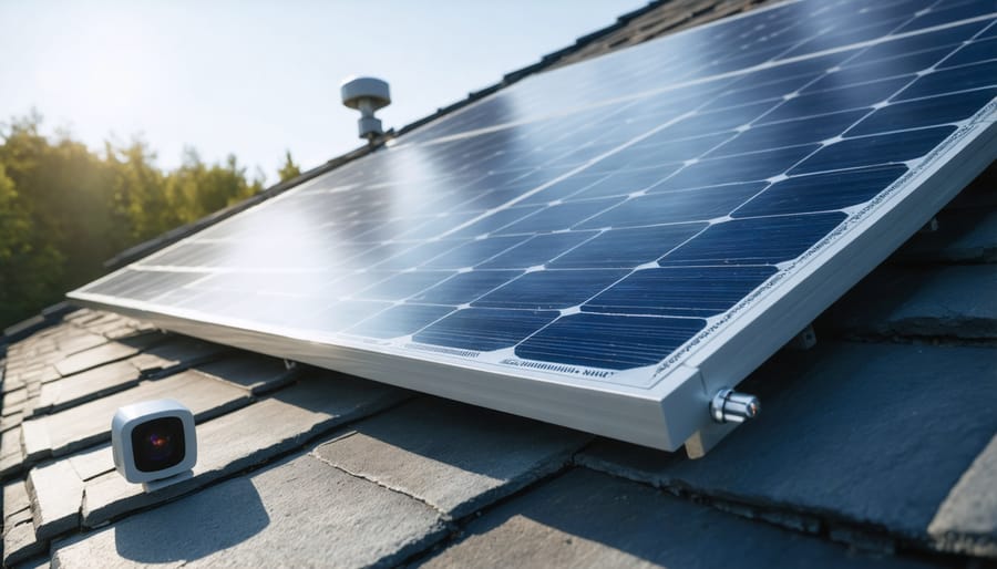 Solar panel array with mounted ultrasonic security sensor against blue sky