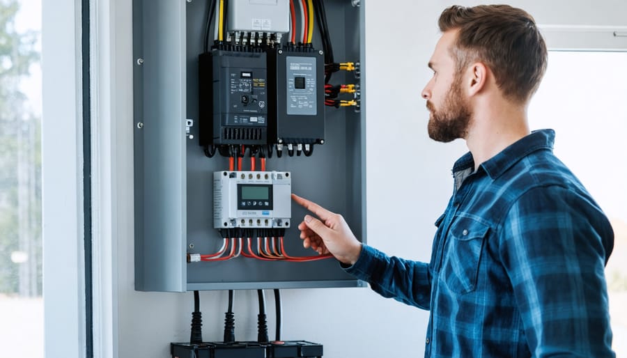 Homeowner in a utility room pointing along cables on a wall-mounted solar inverter next to a breaker panel, batteries below, with rooftop solar panels softly visible through a window; no visible text or labels.