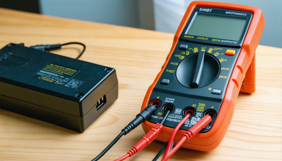 Hands using multimeter to test solar light battery voltage