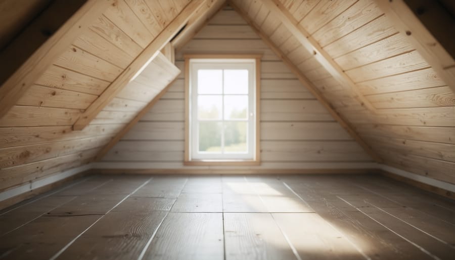 Sunlit residential attic interior with visible rafters and ventilation