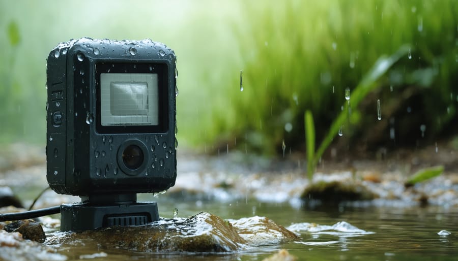 Ultrasonic sensor with water droplets beading on weatherproof housing