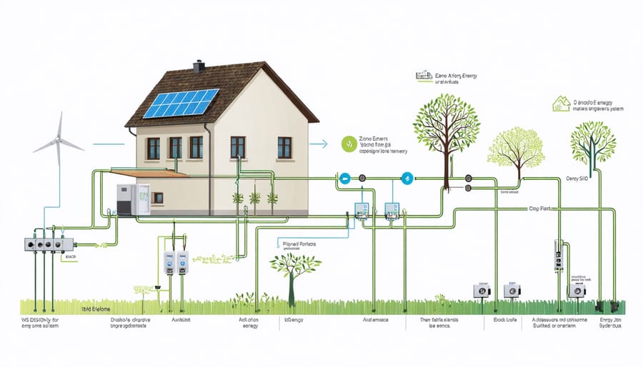 Diagram illustrating energy production, storage, and consumption cycle in a zero energy home
