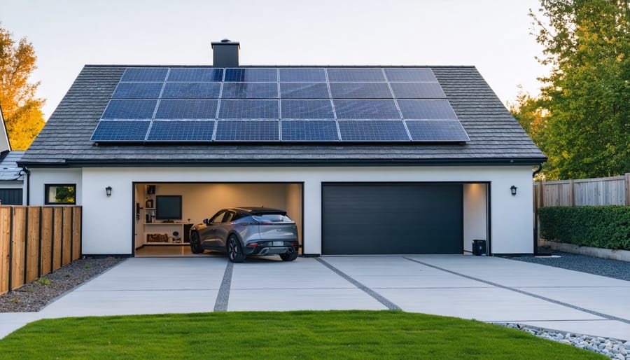 Why a 9kW Solar System with Batteries Could Be Overkill (Or Perfect) for Your Home Modern suburban house with solar panels on the roof and a wall-mounted home battery visible inside an open garage at sunset.