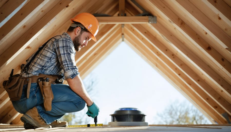 Eye-level view inside an unfinished attic showing a person measuring a soffit intake vent with a tape measure, with a solar attic fan housing and daylight along the ridge vent near the roof peak, rafters and insulation visible.