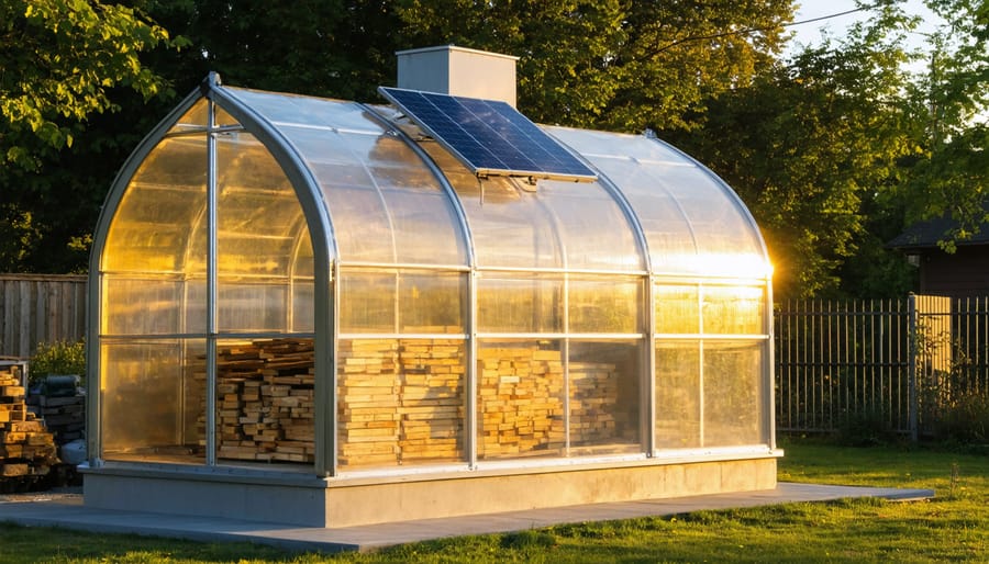 Backyard solar kiln with wood frame and transparent polycarbonate panels, stacked lumber visible inside, and a small solar panel on the roof, photographed at eye level in warm late-afternoon light with a workshop and trees softly blurred behind.