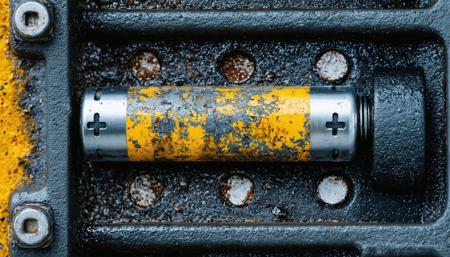 Close-up comparison of corroded and clean battery terminals showing maintenance issues