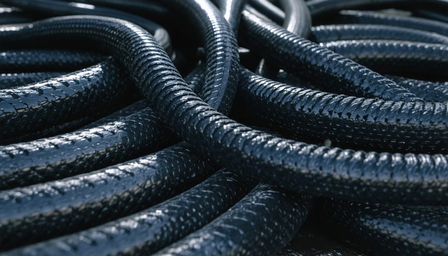 Coiled black garden hose on grass next to residential swimming pool