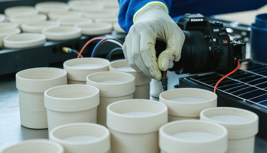 Close-up of hands wiring charge controller for solar kiln electrical system