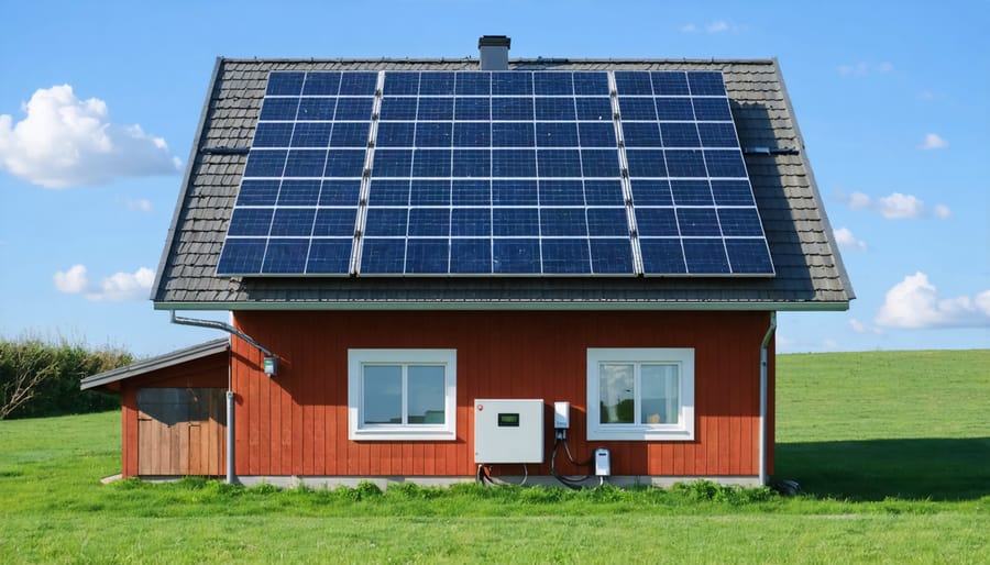Complete residential solar installation showing rooftop panels and wall-mounted system components