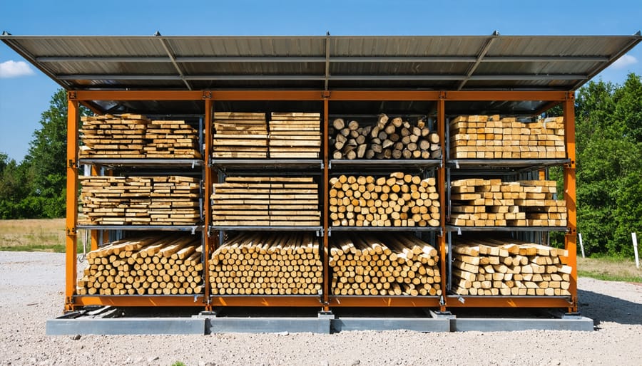 Completed DIY solar kiln with transparent panels and wood stack visible inside backyard setting