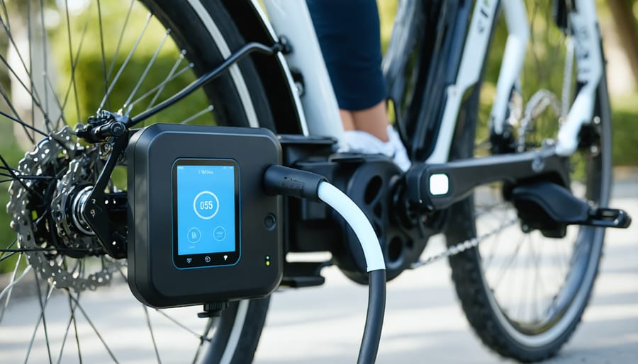 Person connecting charger to e-bike battery in home garage