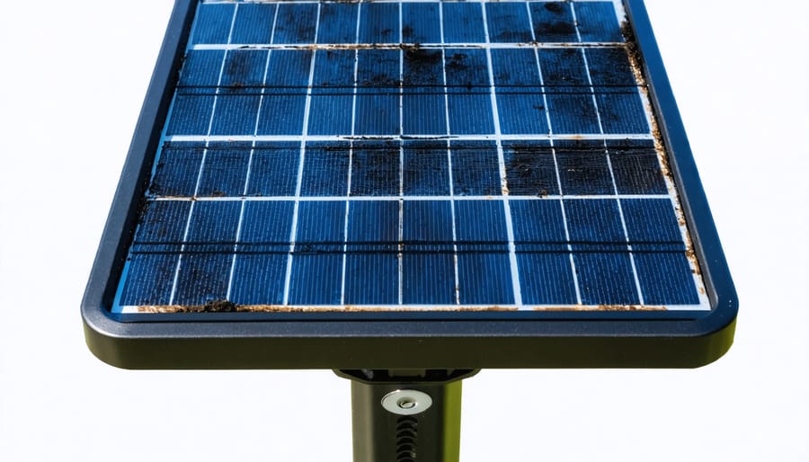 Close-up of Hampton Bay solar light with dirty solar panel covered in dust and debris
