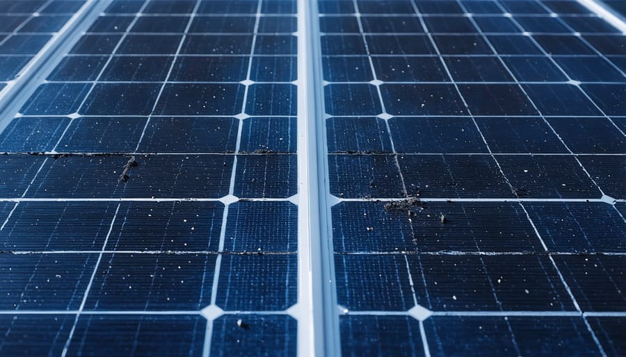 Close-up of dirty solar panel on outdoor light covered with dust and leaves