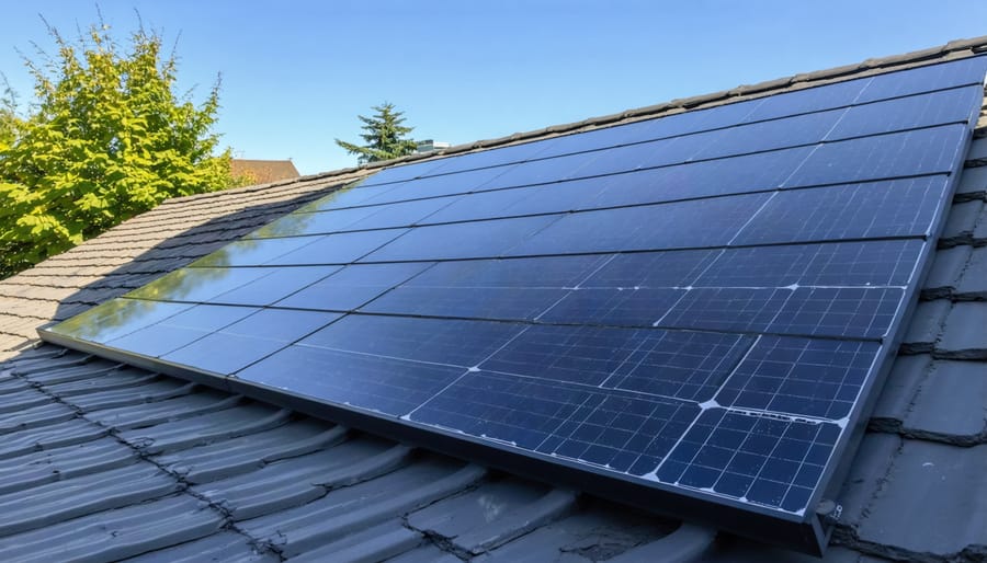 Person installing glazed solar pool heater collector on residential roof