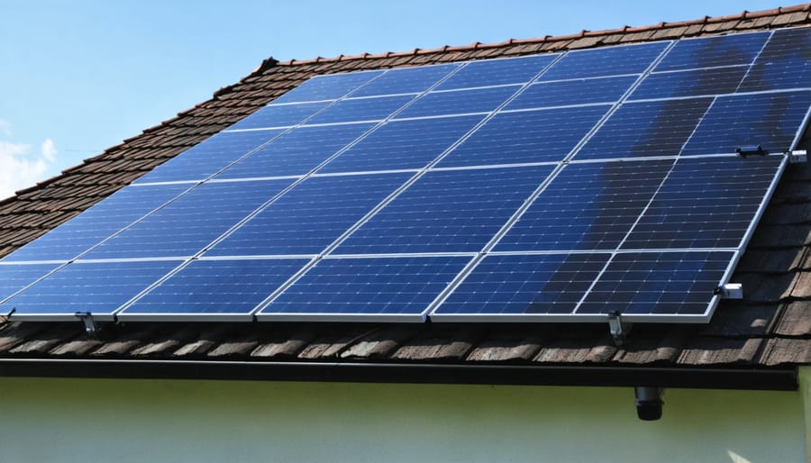 DIY homeowner installing solar panel mounting equipment on residential roof with safety gear