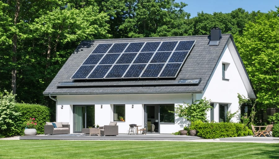 Homeowner installing solar panel on residential roof with safety equipment
