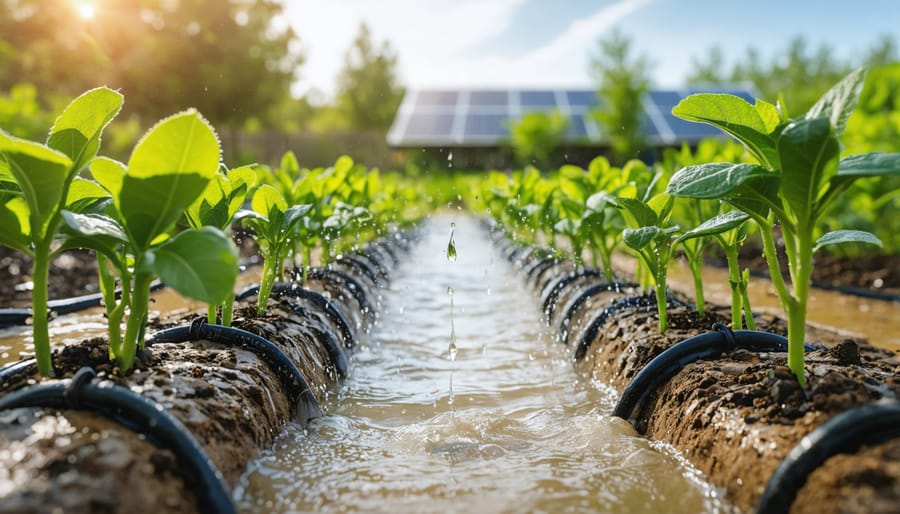 Drip irrigation lines with water droplets along vegetable garden rows