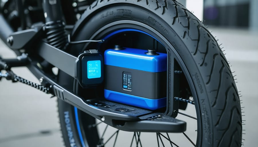 Close-up of e-bike lithium-ion battery pack showing internal cells and battery management system