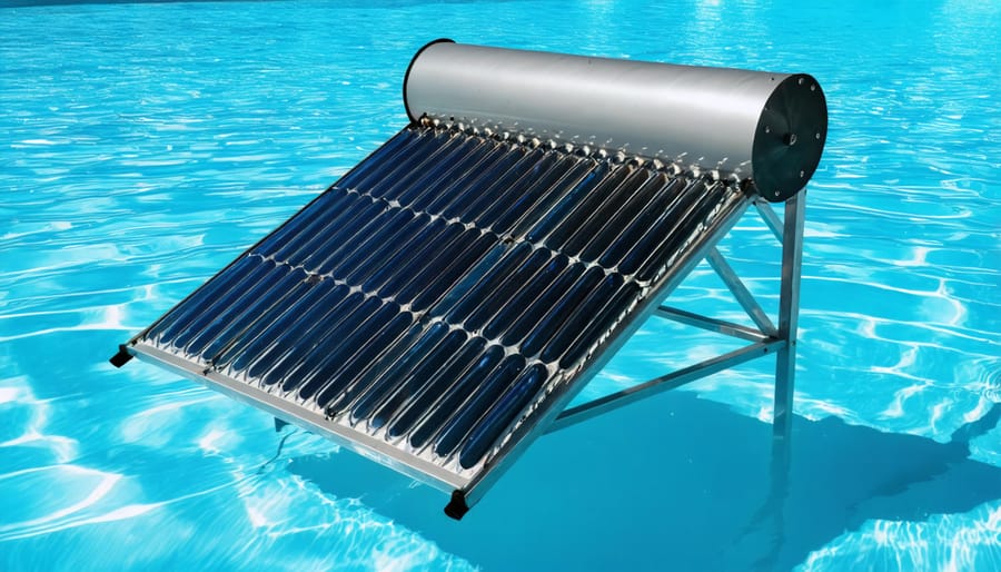 Family enjoying warm swimming pool heated by solar system