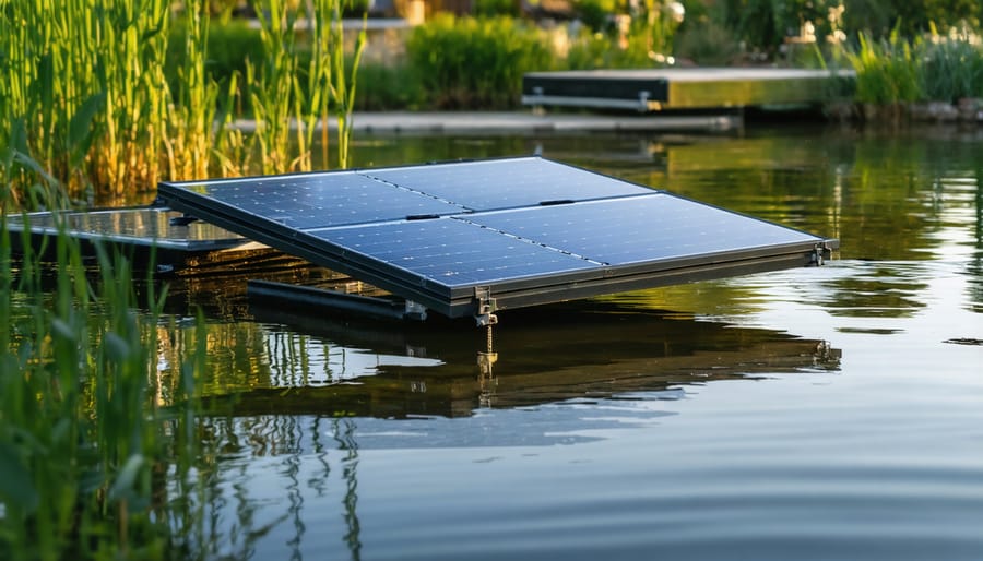 Compact floating solar panels on pontoons across a small backyard pond at golden hour, with water reflections and a softly blurred suburban house and trees in the background.