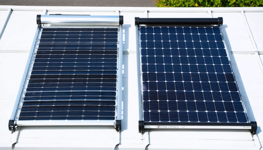 Comparison showing glazed solar collector with glass cover next to unglazed rubber mat collector